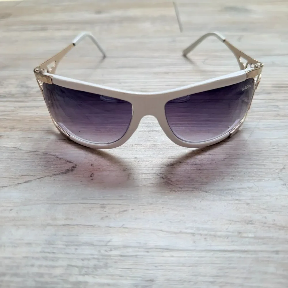 Y2K White Shield Sunglasses Rimless Silver Filigree Wraparound Futuristic WAGDY
